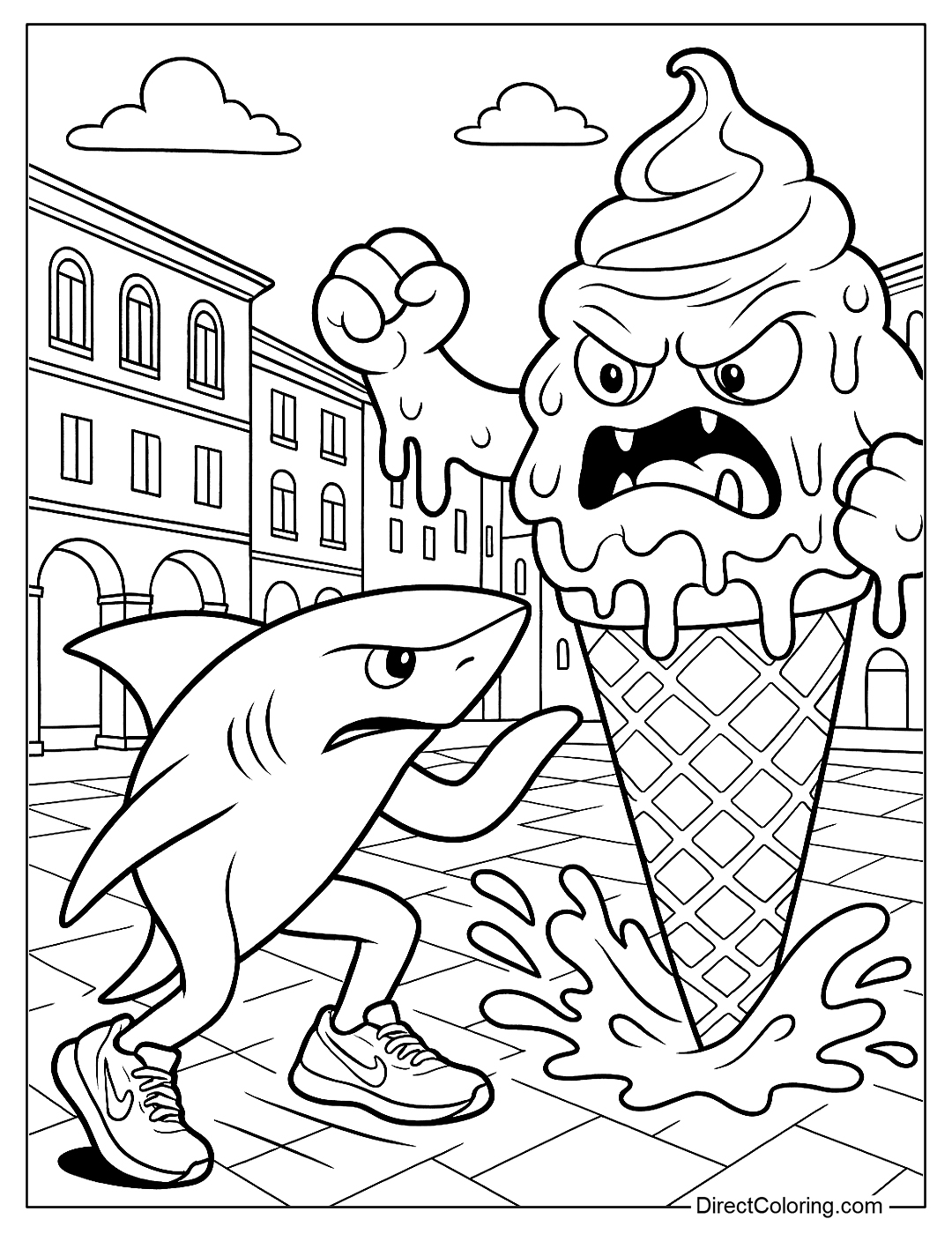 Tralalero Coloring Page confronts the giant Italian ice cream monster in the middle of the square